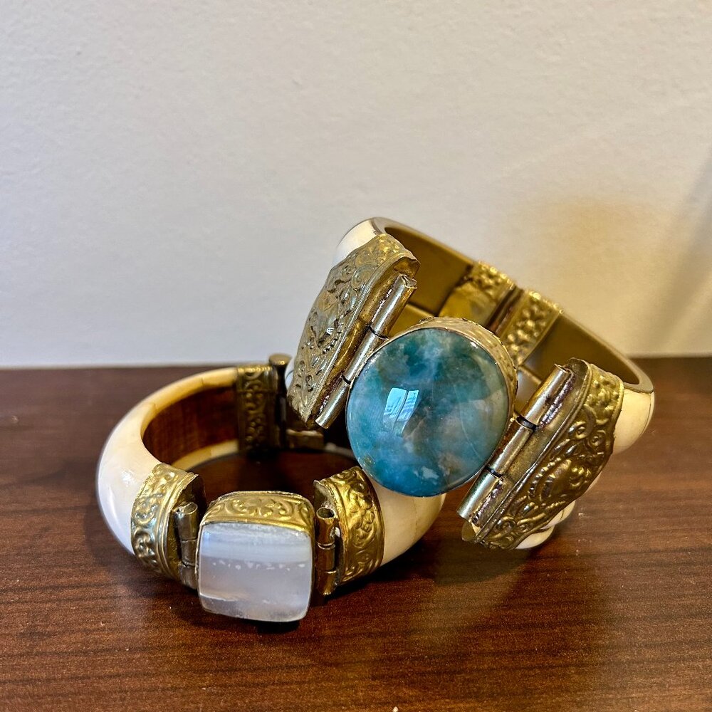 Vintage Statement Bangles – Ivory, Gemstone & Brass